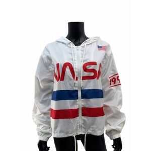 NASA Windbreaker Jacket White 1991 Space Mission Patches Hooded Size L